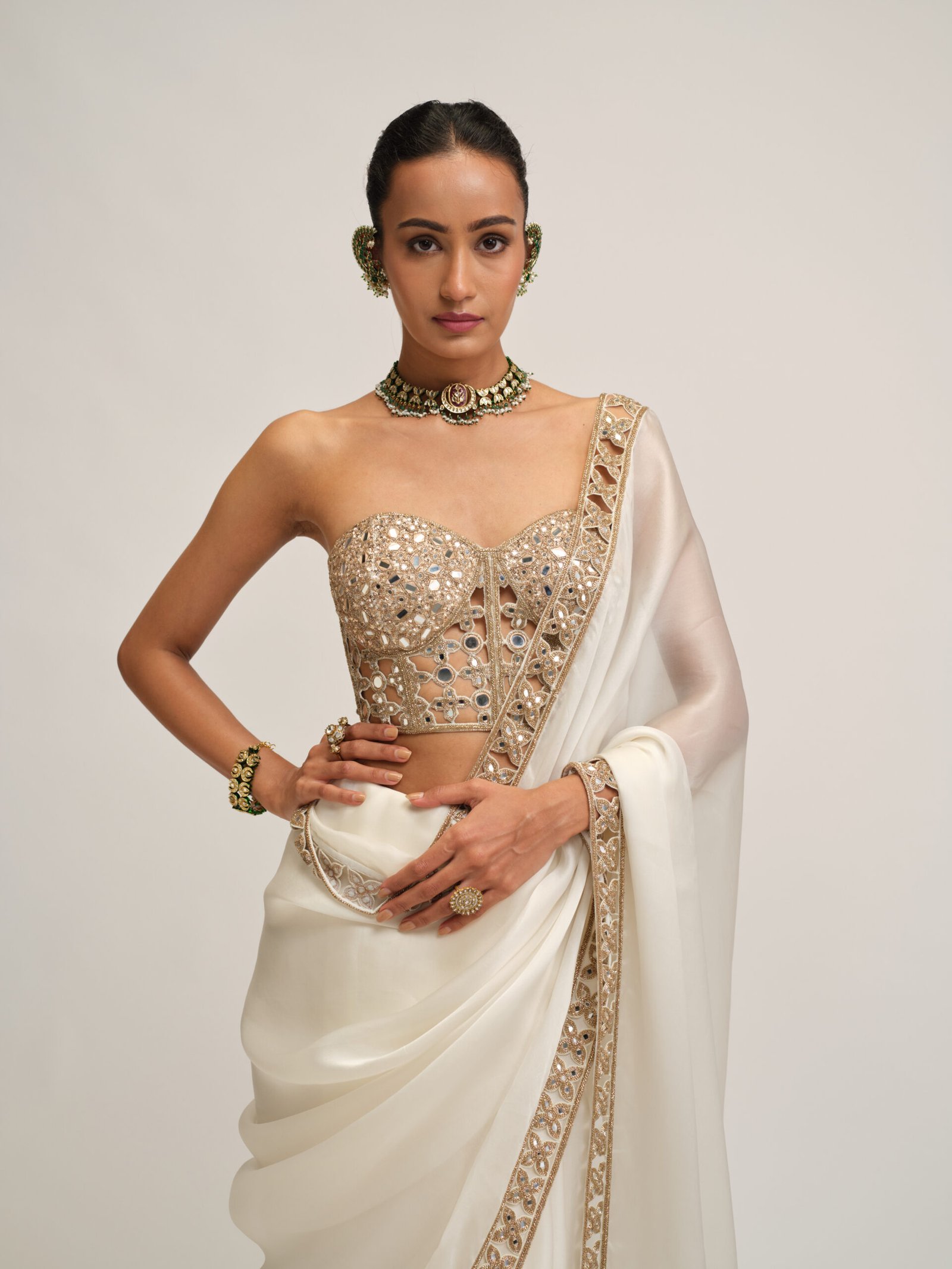 OFF WHITE SATIN ORGANZA CUTWORK BORDER SAREE SET - Image 3