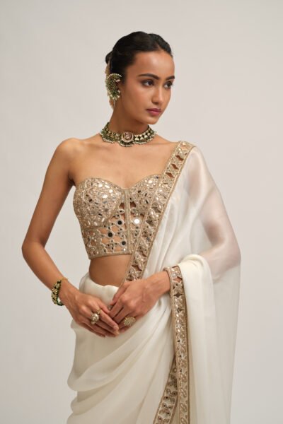 OFF WHITE SATIN ORGANZA CUTWORK BORDER SAREE SET
