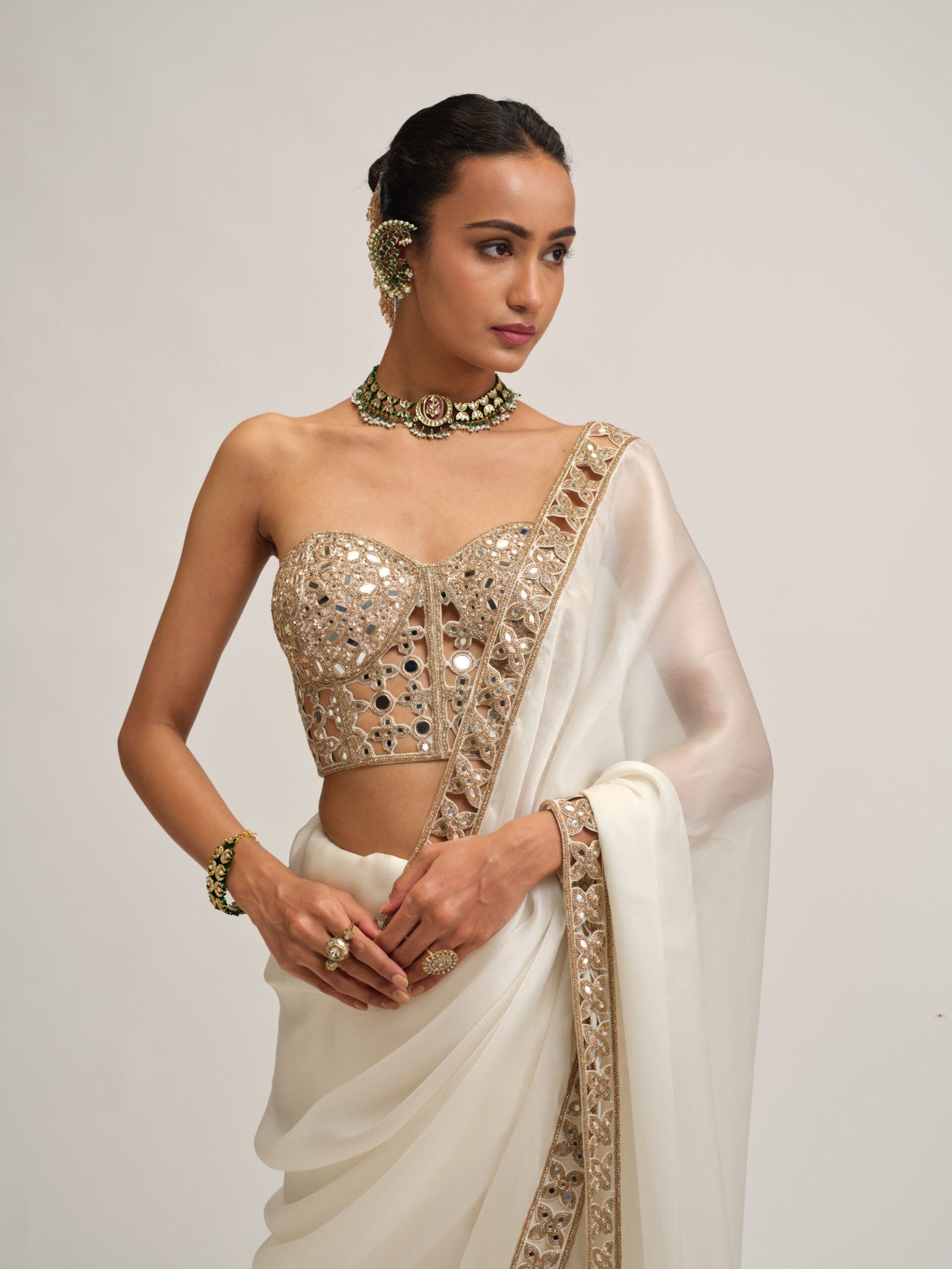 OFF WHITE SATIN ORGANZA CUTWORK BORDER SAREE SET - Image 2