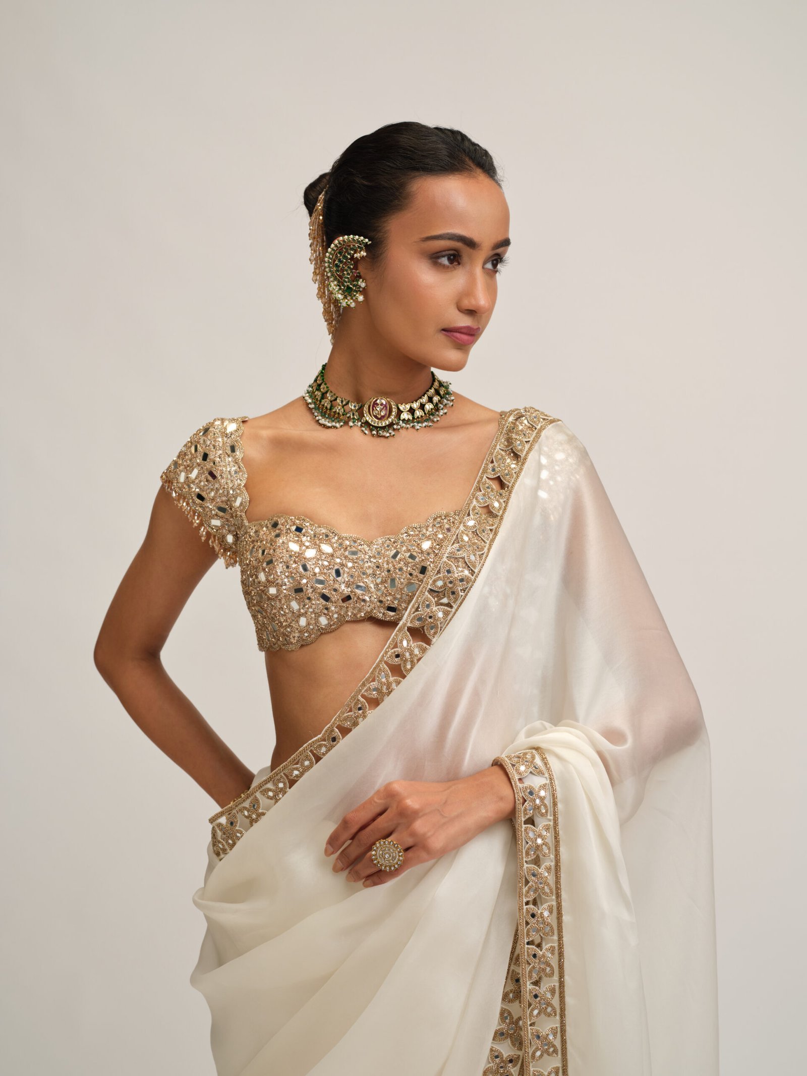 OFF WHITE CUTWORK BORDER SAREE SET - Image 2