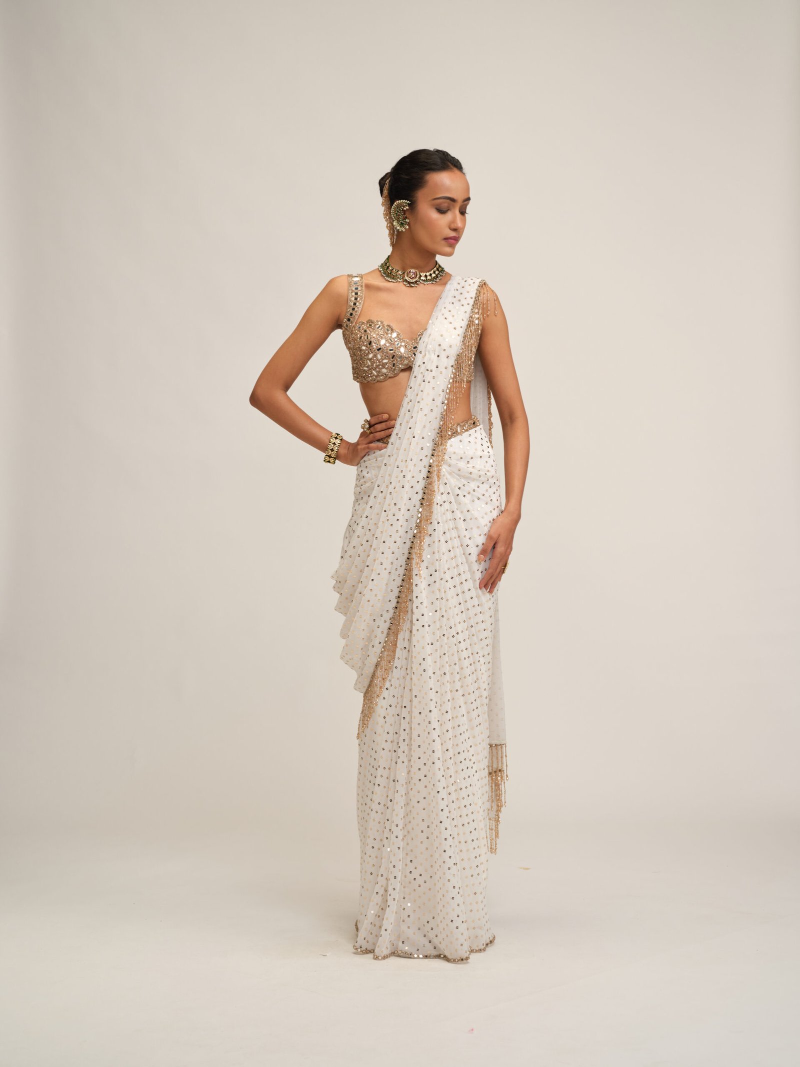 OFF WHITE SEQUINS EMBROIDERED SAREE SET