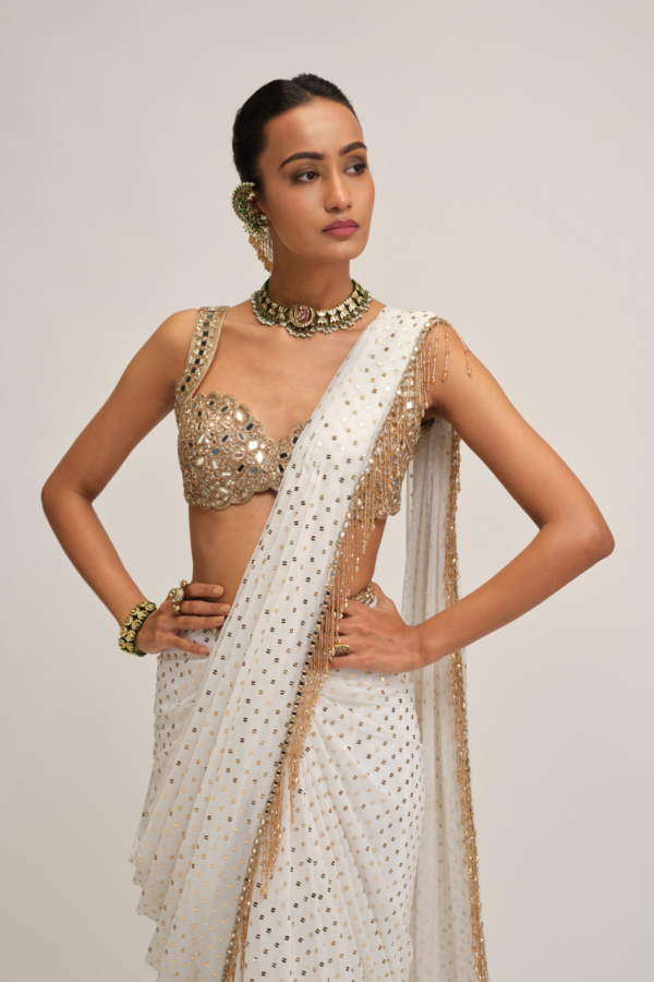 OFF WHITE SEQUINS EMBROIDERED SAREE SET