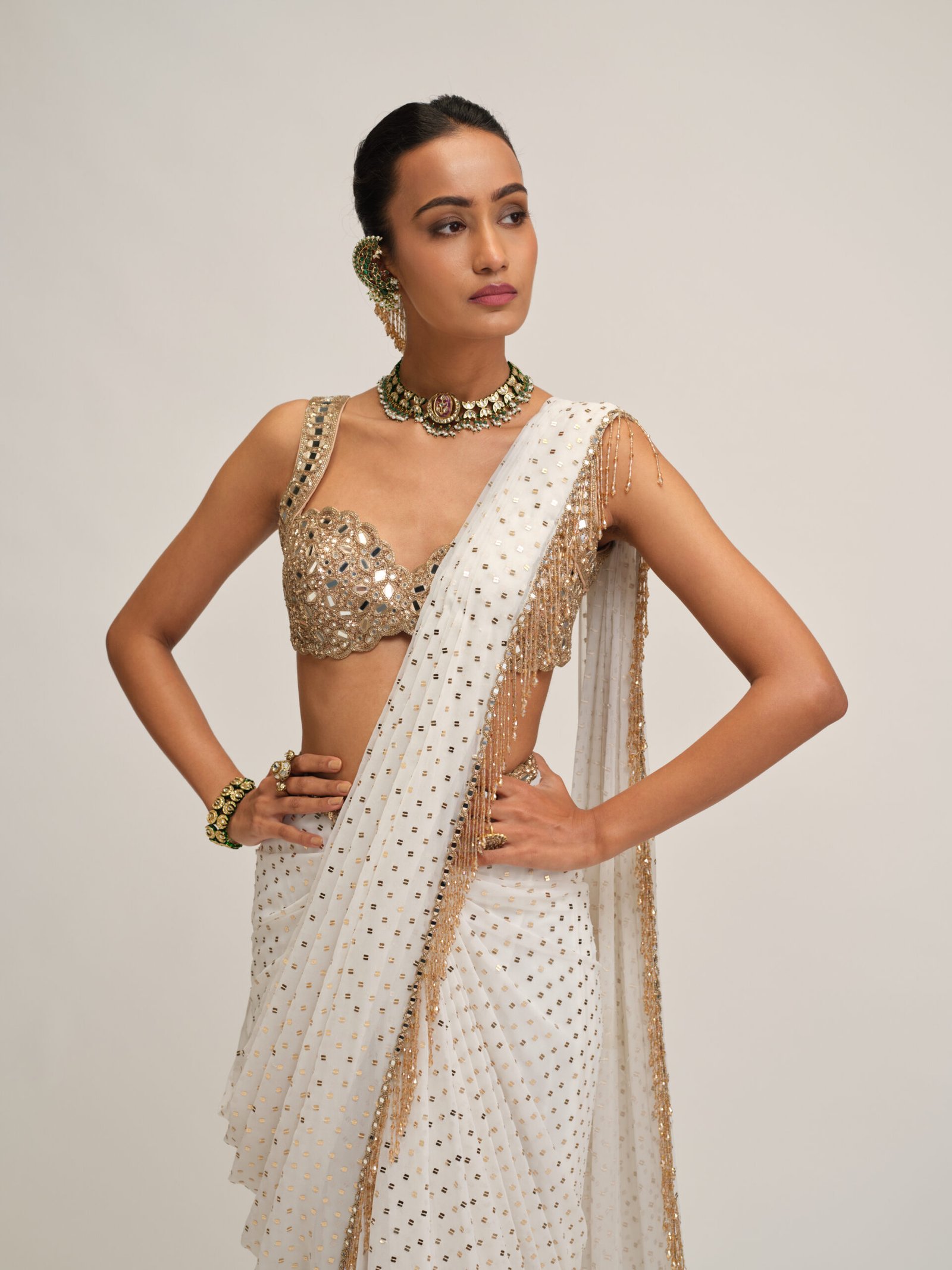 OFF WHITE SEQUINS EMBROIDERED SAREE SET - Image 2