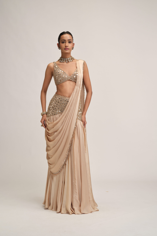 LIGHT BEIGE SATIN DRAPED SAREE SET