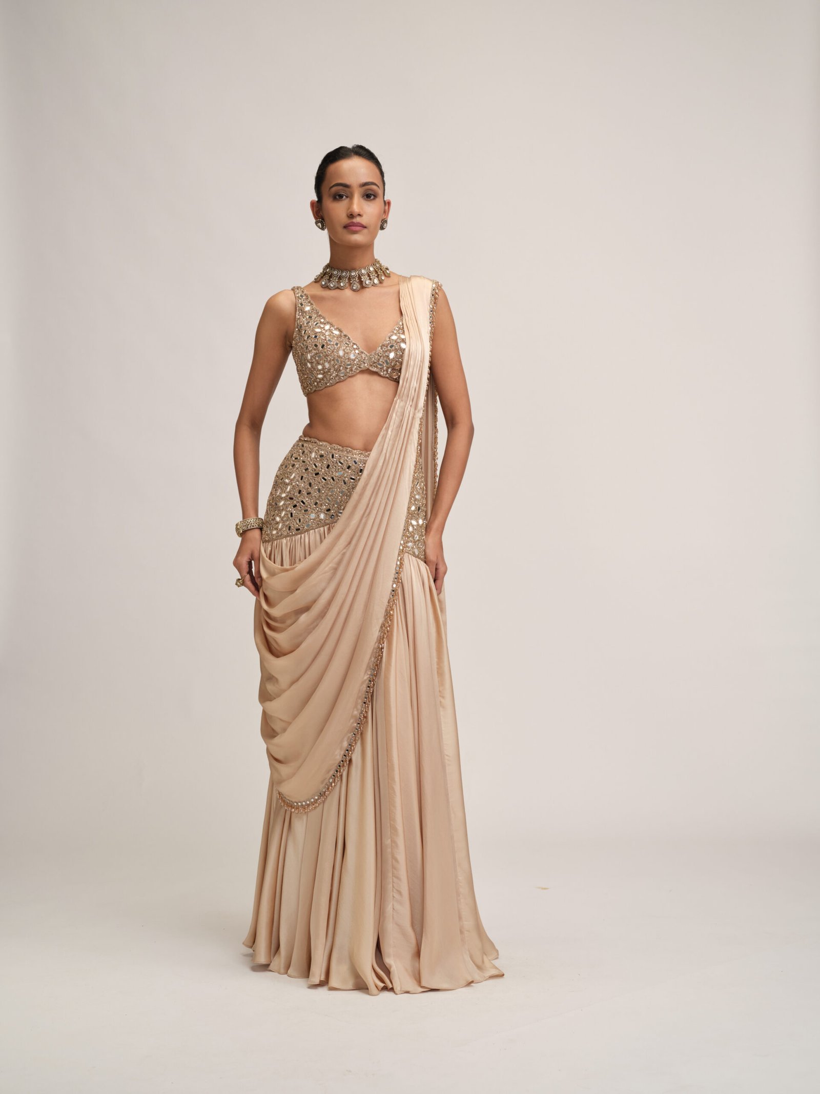 LIGHT BEIGE SATIN DRAPED SAREE SET