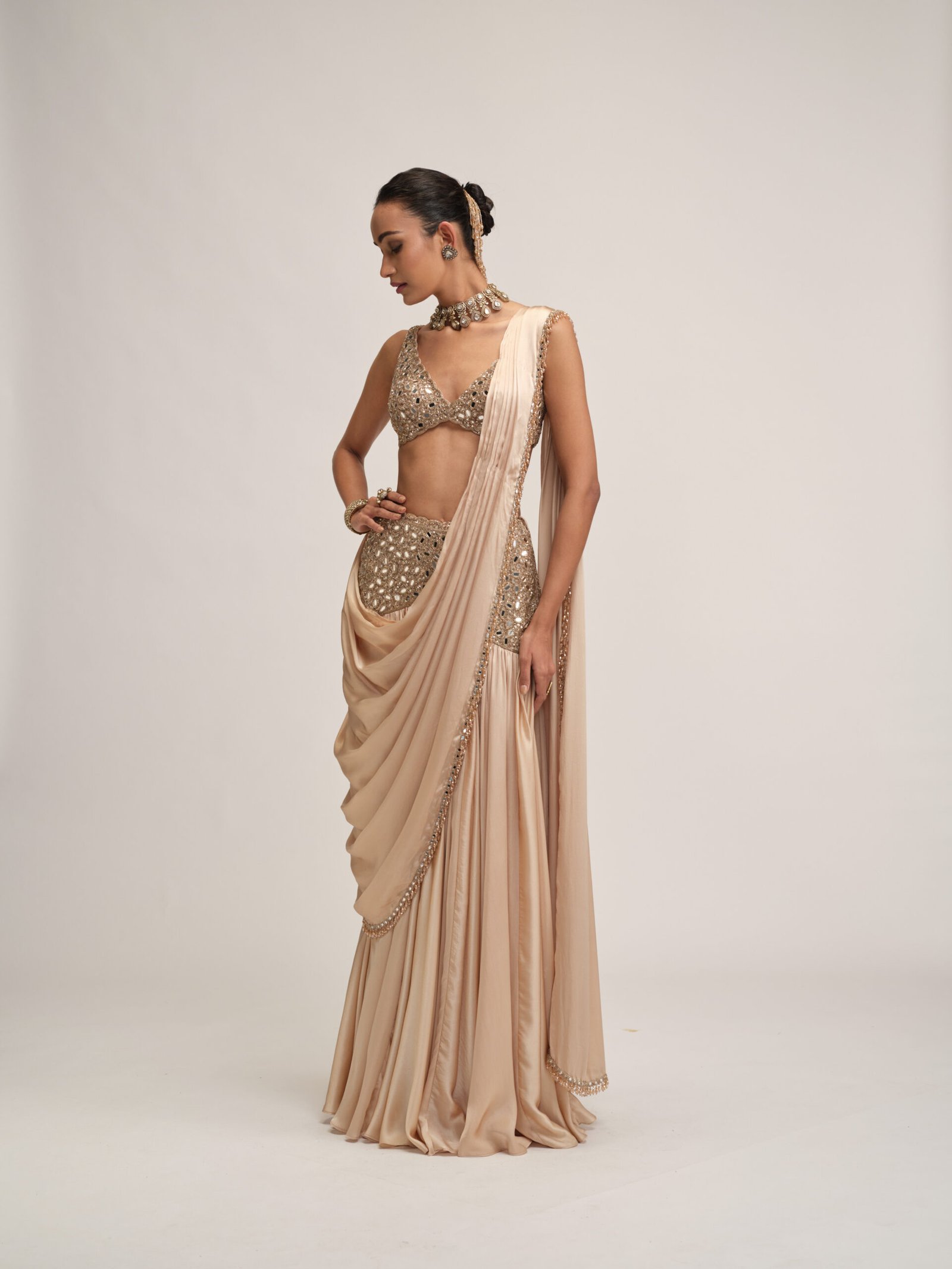 LIGHT BEIGE SATIN DRAPED SAREE SET - Image 5