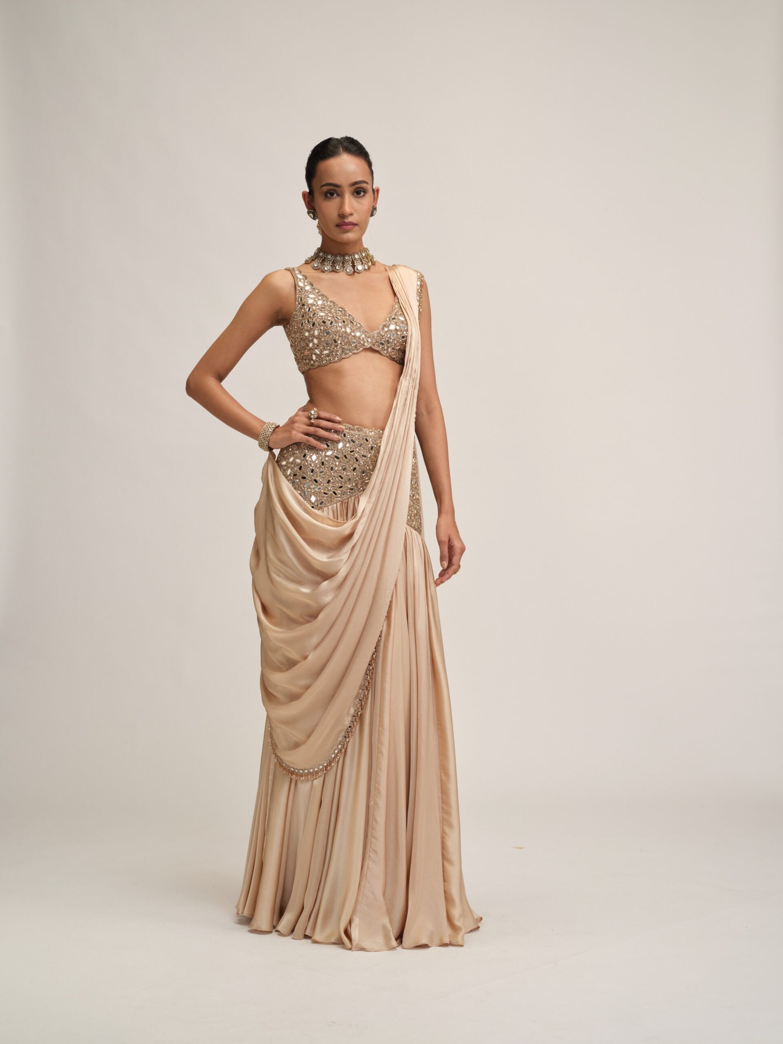 LIGHT BEIGE SATIN DRAPED SAREE SET - Image 4