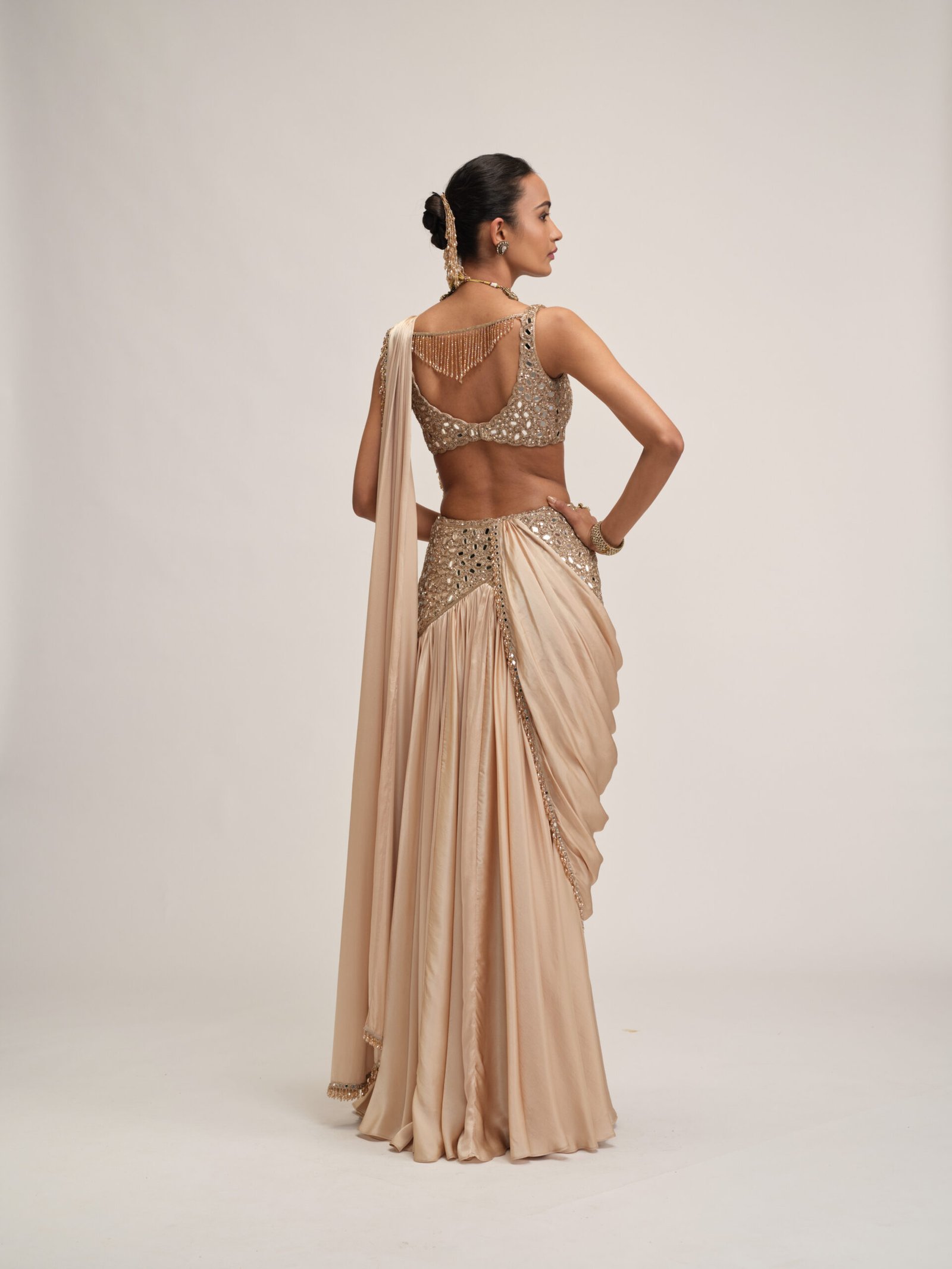 LIGHT BEIGE SATIN DRAPED SAREE SET - Image 6