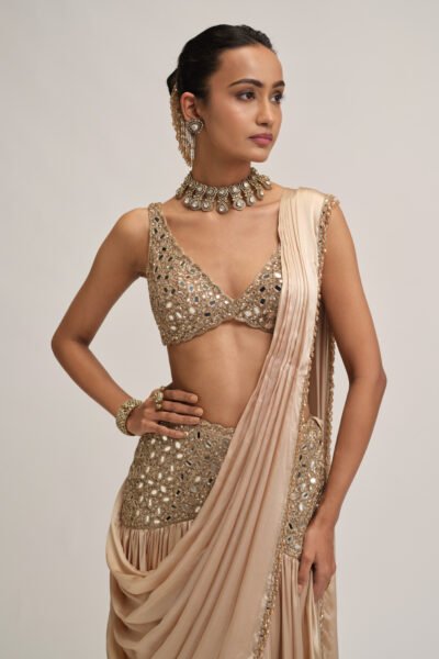 LIGHT BEIGE SATIN DRAPED SAREE SET