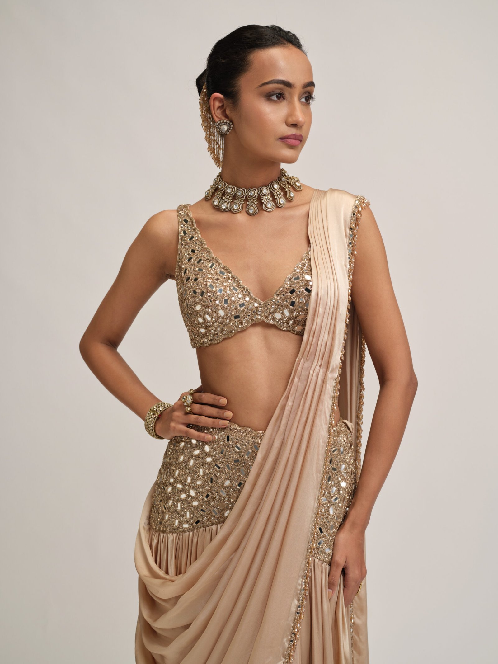 LIGHT BEIGE SATIN DRAPED SAREE SET - Image 2