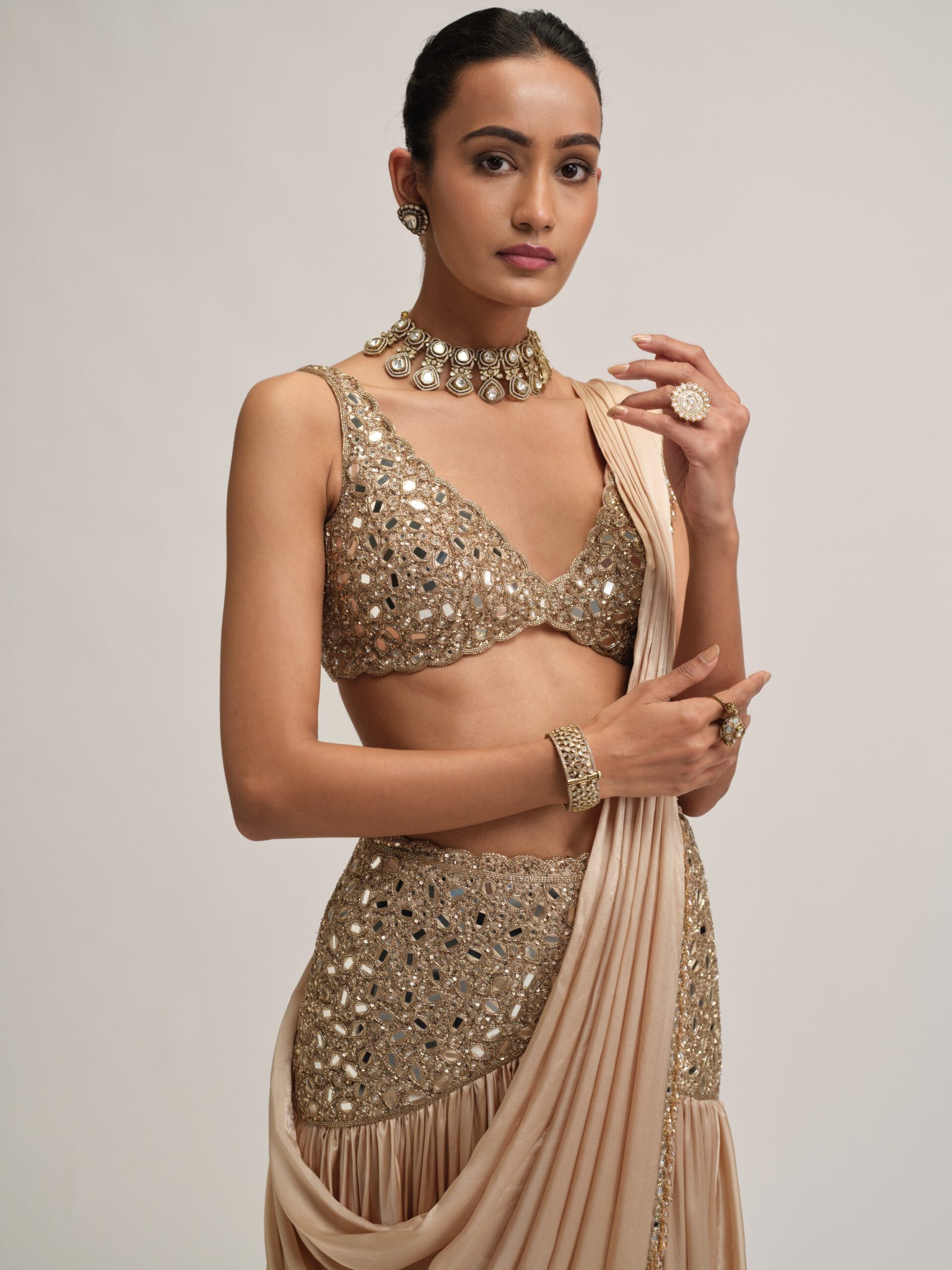 LIGHT BEIGE SATIN DRAPED SAREE SET - Image 3