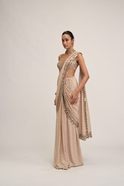 LIGHT BEIGE ROUND NECK CUTWORK BORDER SAREE SET