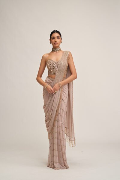 ASH PINK LINEAR MIRROR SAREE SET