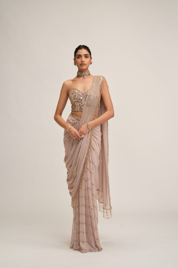 ASH PINK LINEAR MIRROR SAREE SET