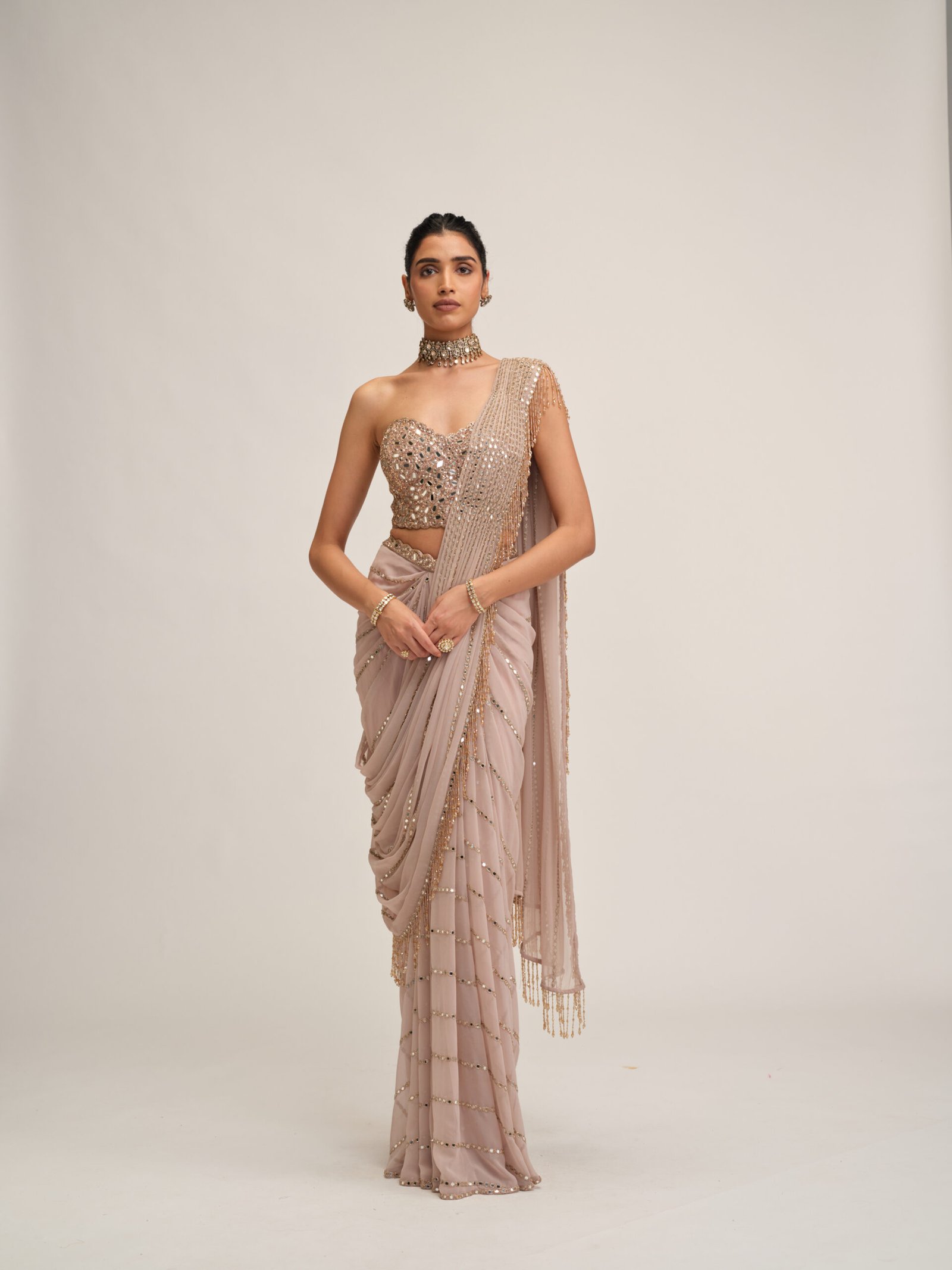 ASH PINK LINEAR MIRROR SAREE SET