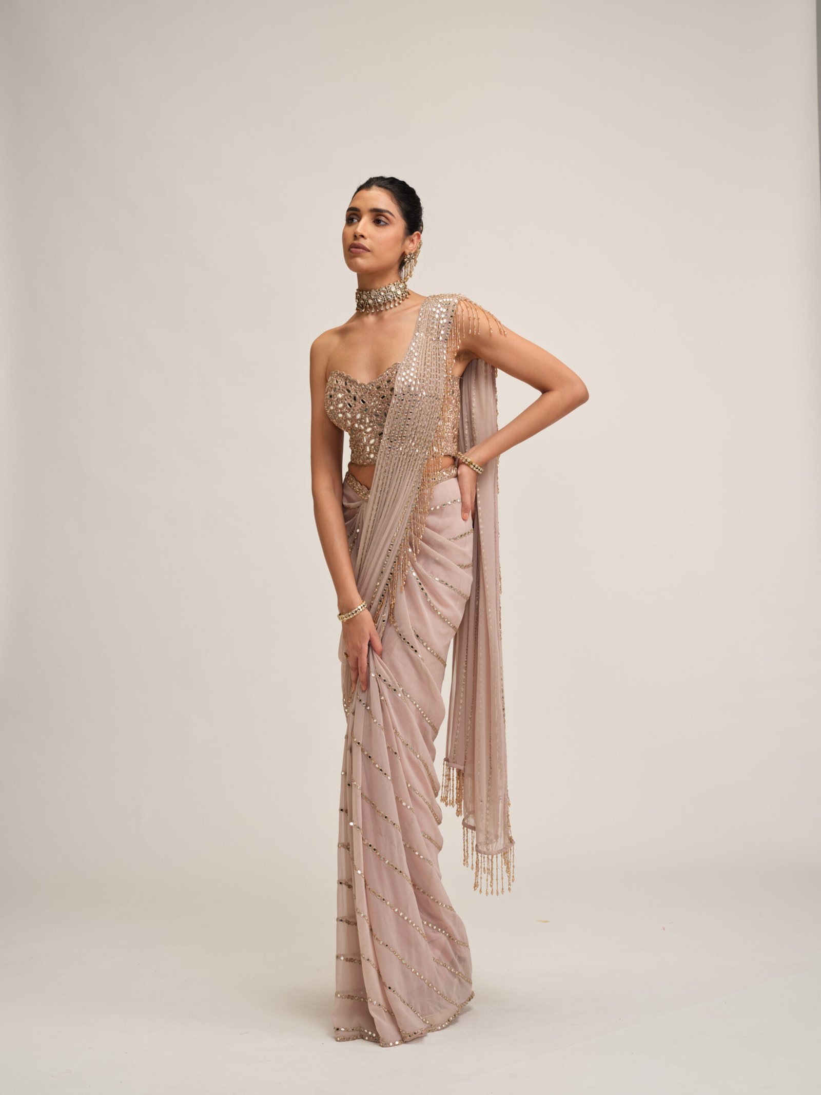 ASH PINK LINEAR MIRROR SAREE SET - Image 3
