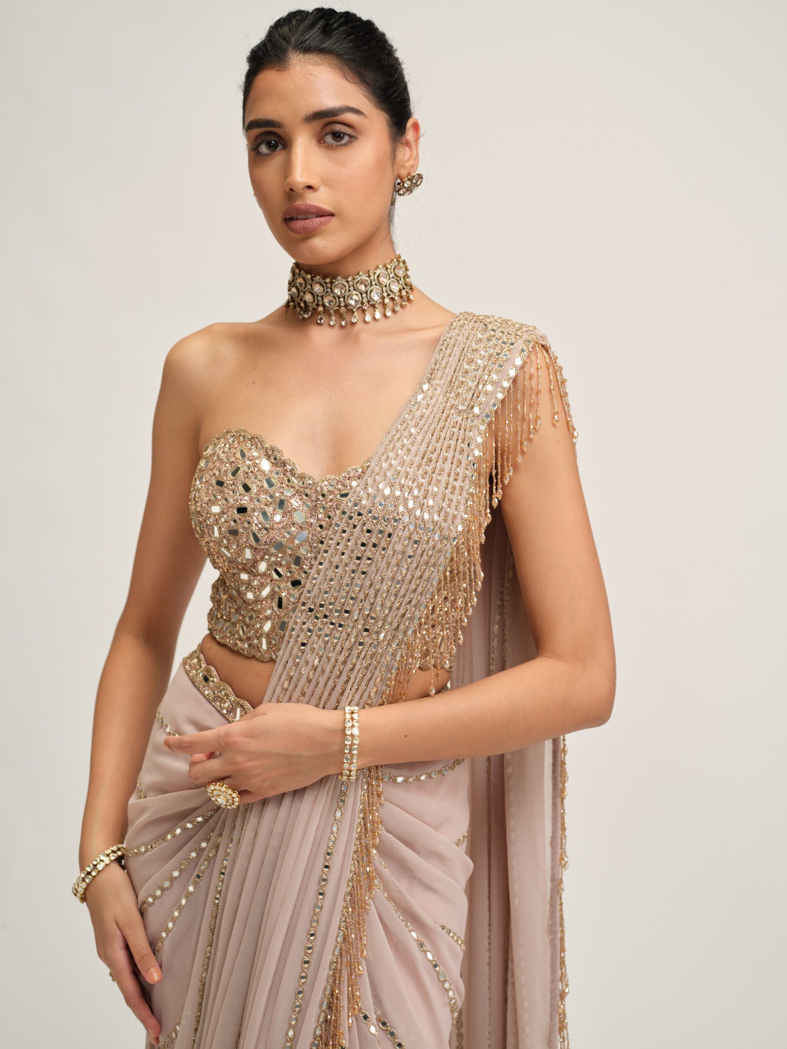 ASH PINK LINEAR MIRROR SAREE SET - Image 2