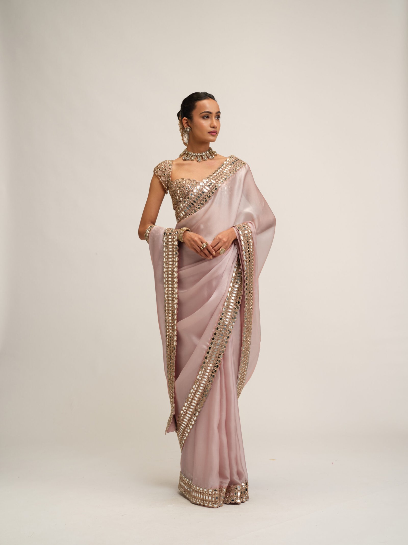 ASH PINK SATIN ORGANZA SAREE SET - Image 5