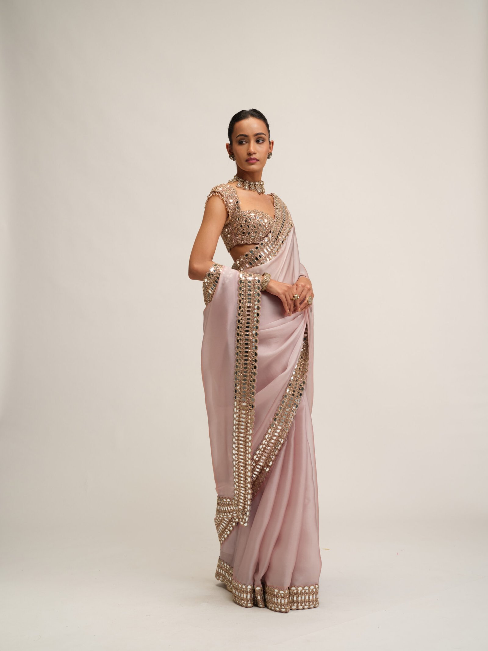 ASH PINK SATIN ORGANZA SAREE SET - Image 4