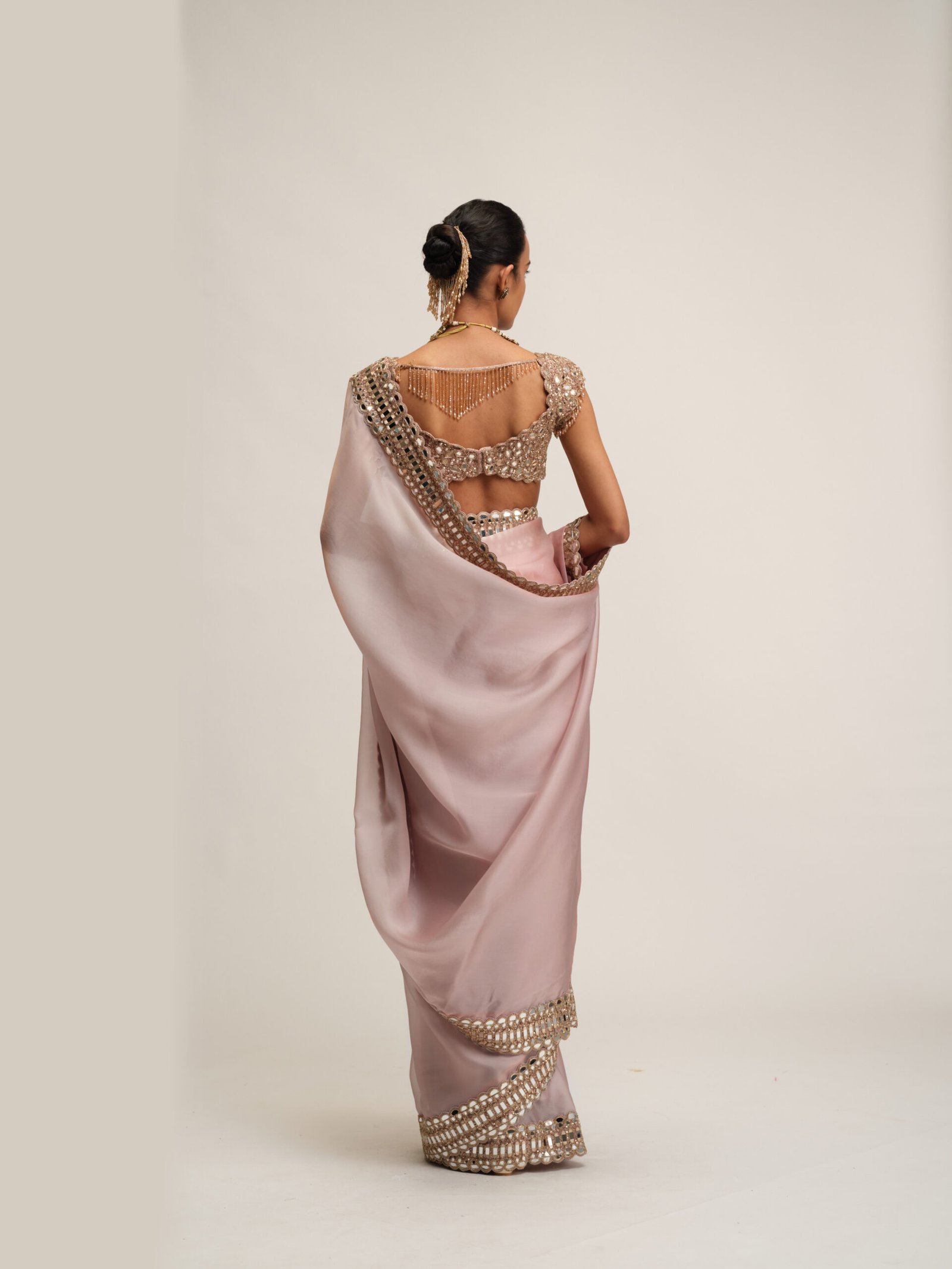 ASH PINK SATIN ORGANZA SAREE SET - Image 6