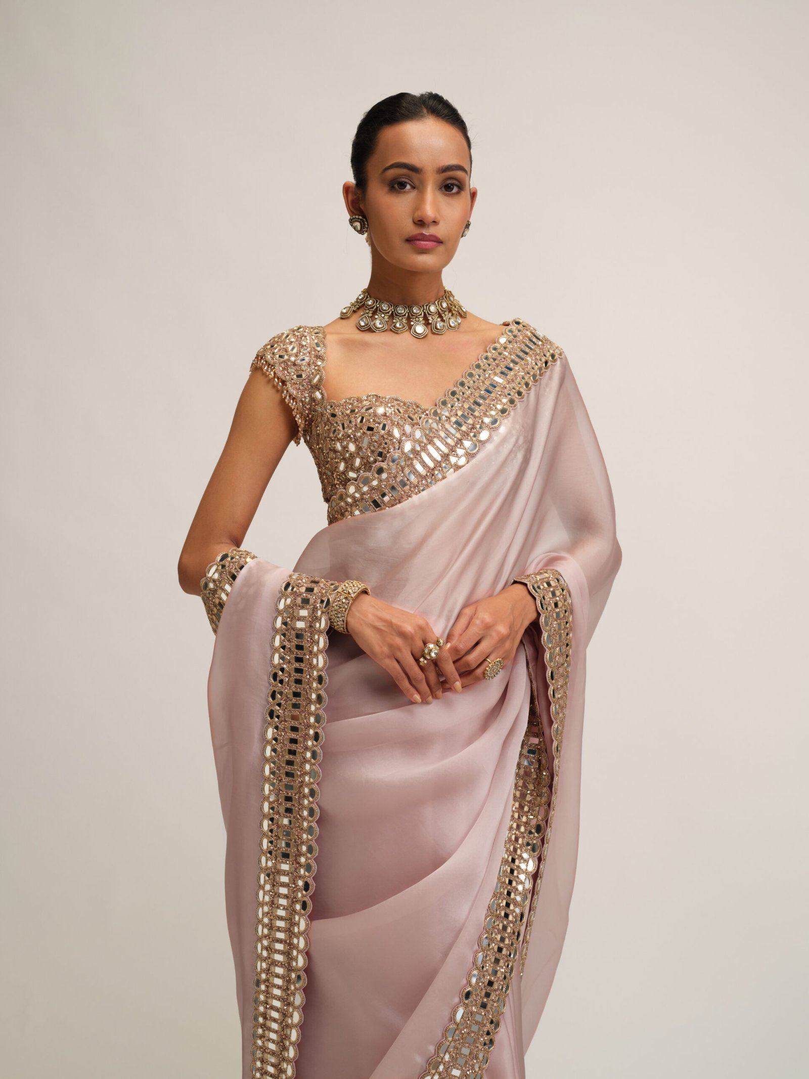 ASH PINK SATIN ORGANZA SAREE SET - Image 3