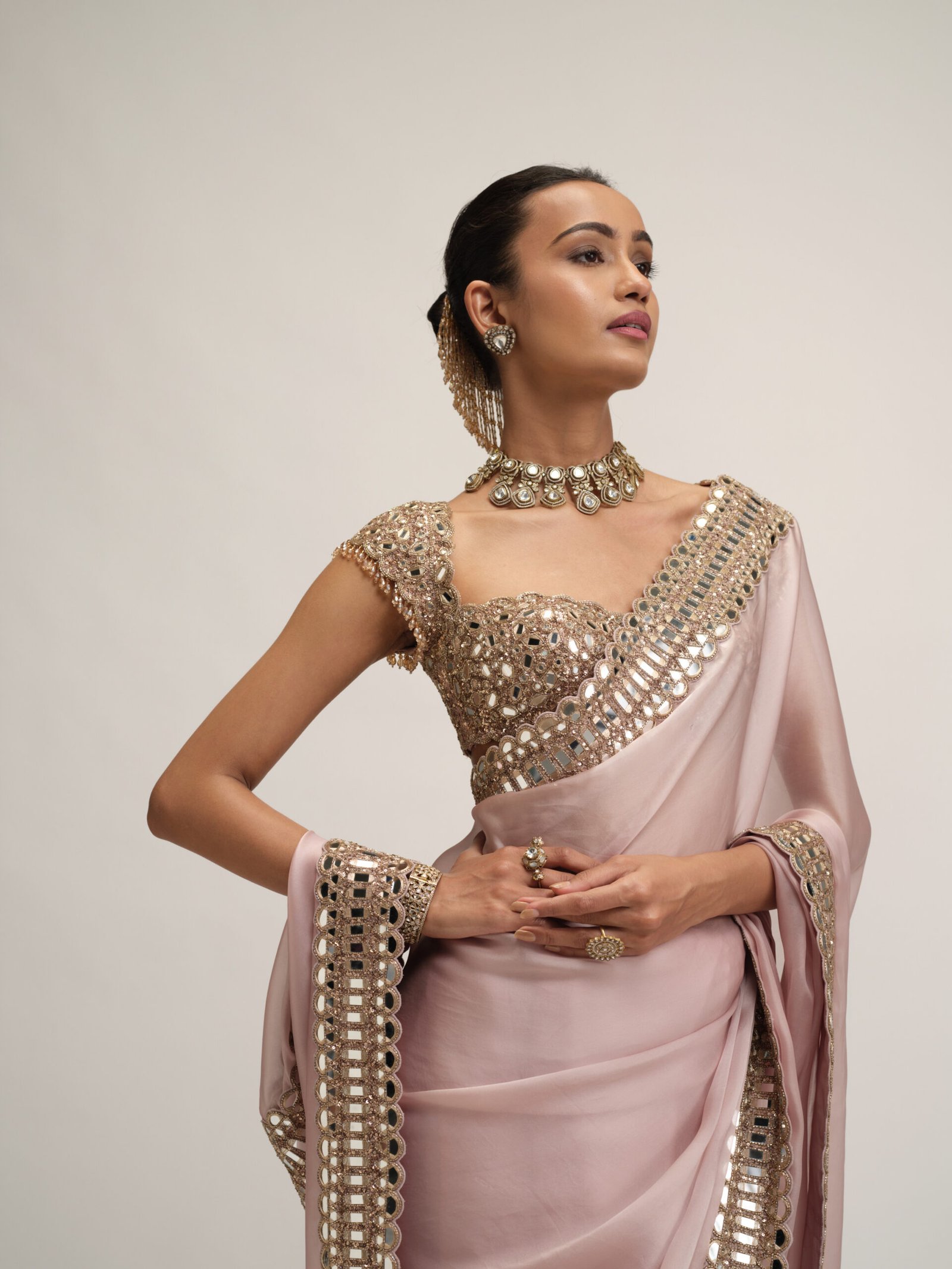 ASH PINK SATIN ORGANZA SAREE SET - Image 2