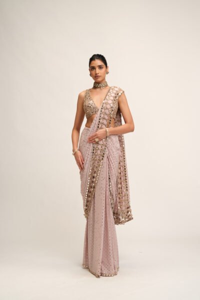 ASH PINK CUTWORK BORDER SAREE SET