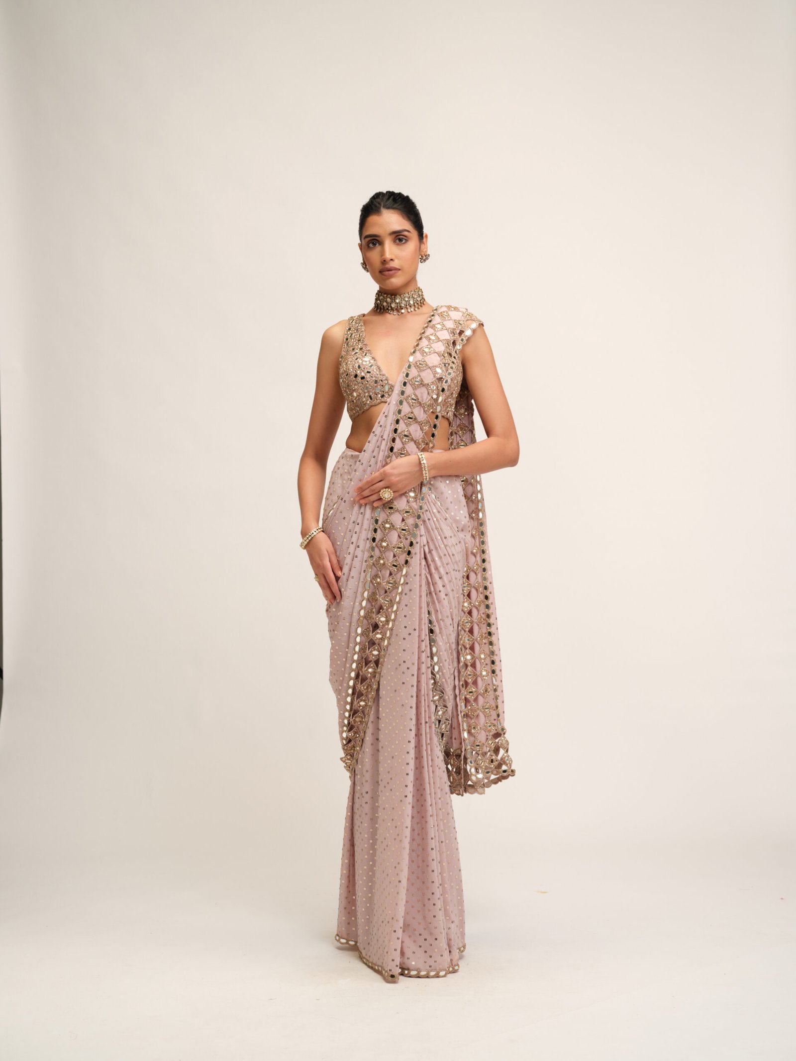 ASH PINK CUTWORK BORDER SAREE SET