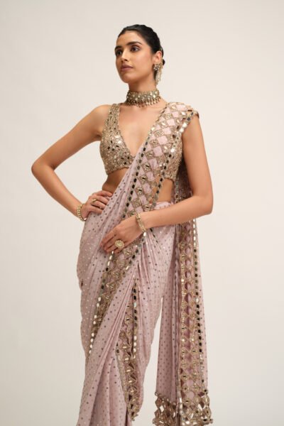 ASH PINK CUTWORK BORDER SAREE SET