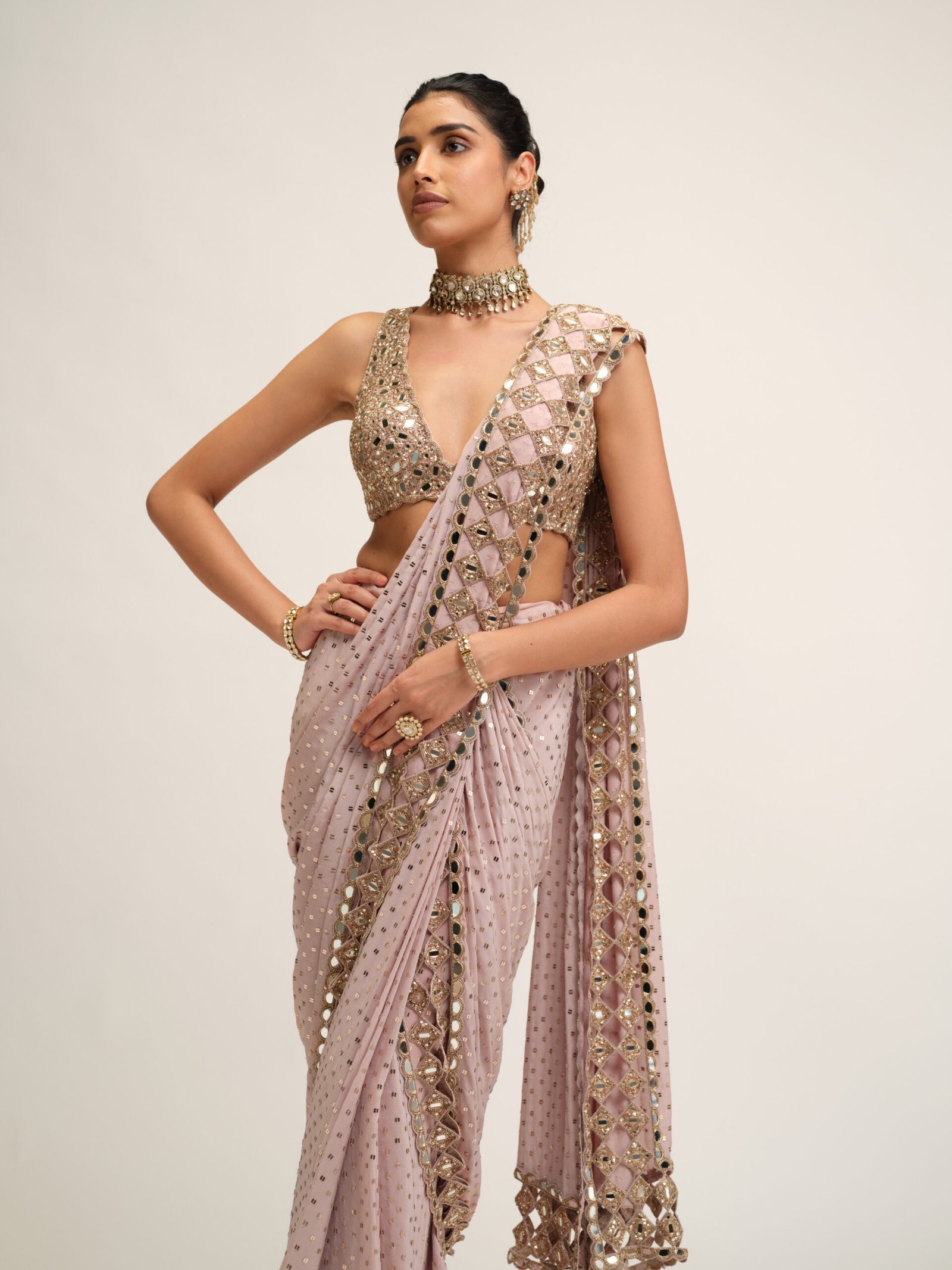 ASH PINK CUTWORK BORDER SAREE SET - Image 2