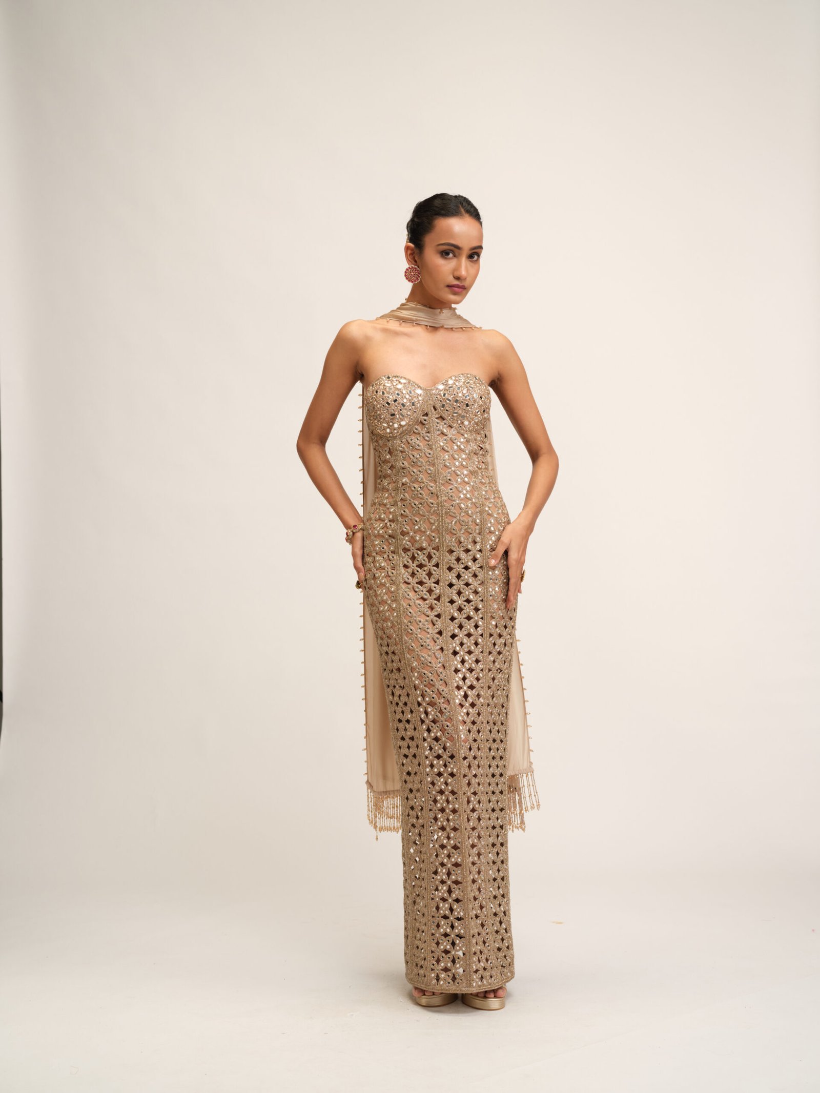 LIGHT BEIGE CUTWORK DRESS SET