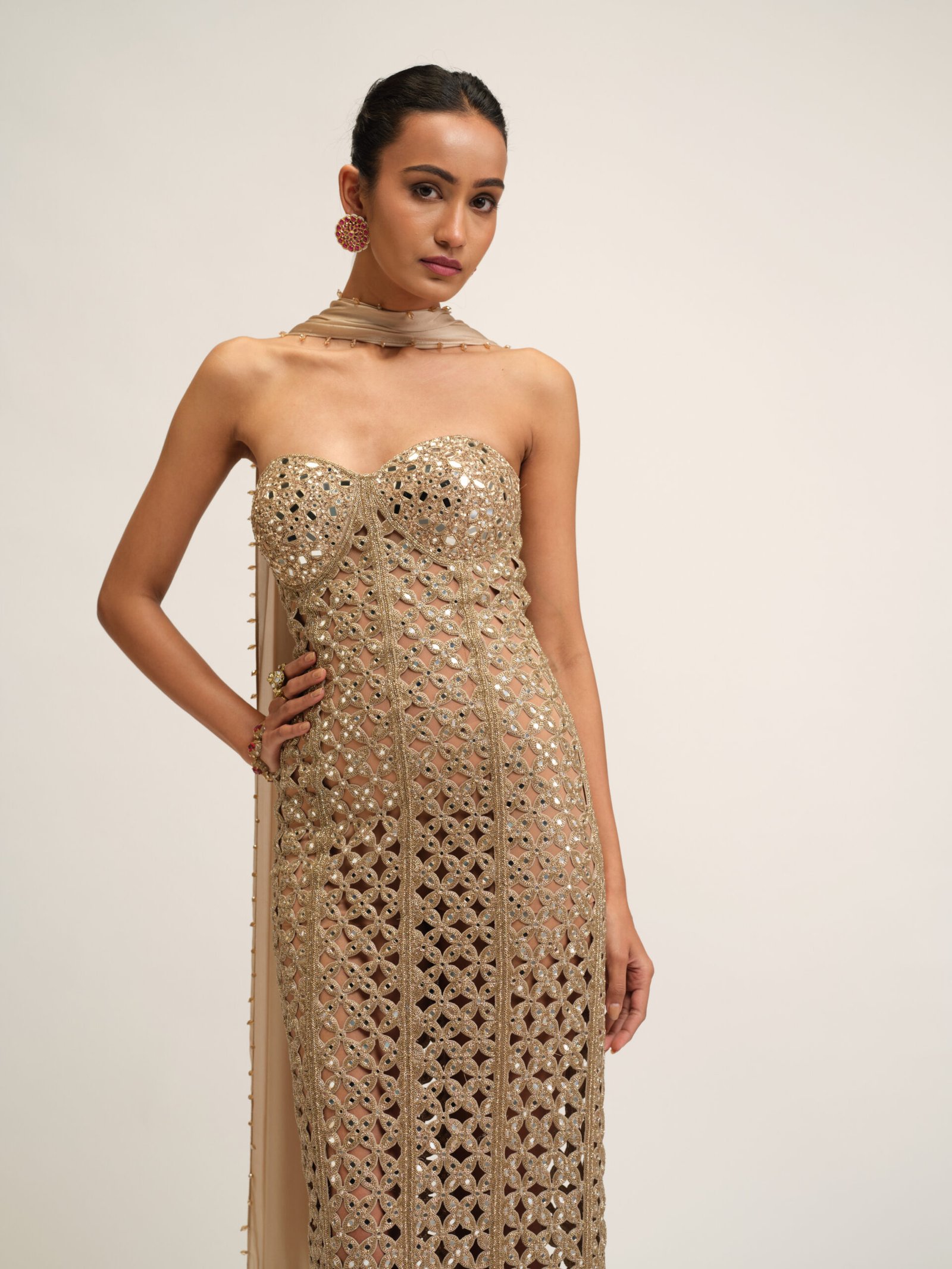 LIGHT BEIGE CUTWORK DRESS SET - Image 2