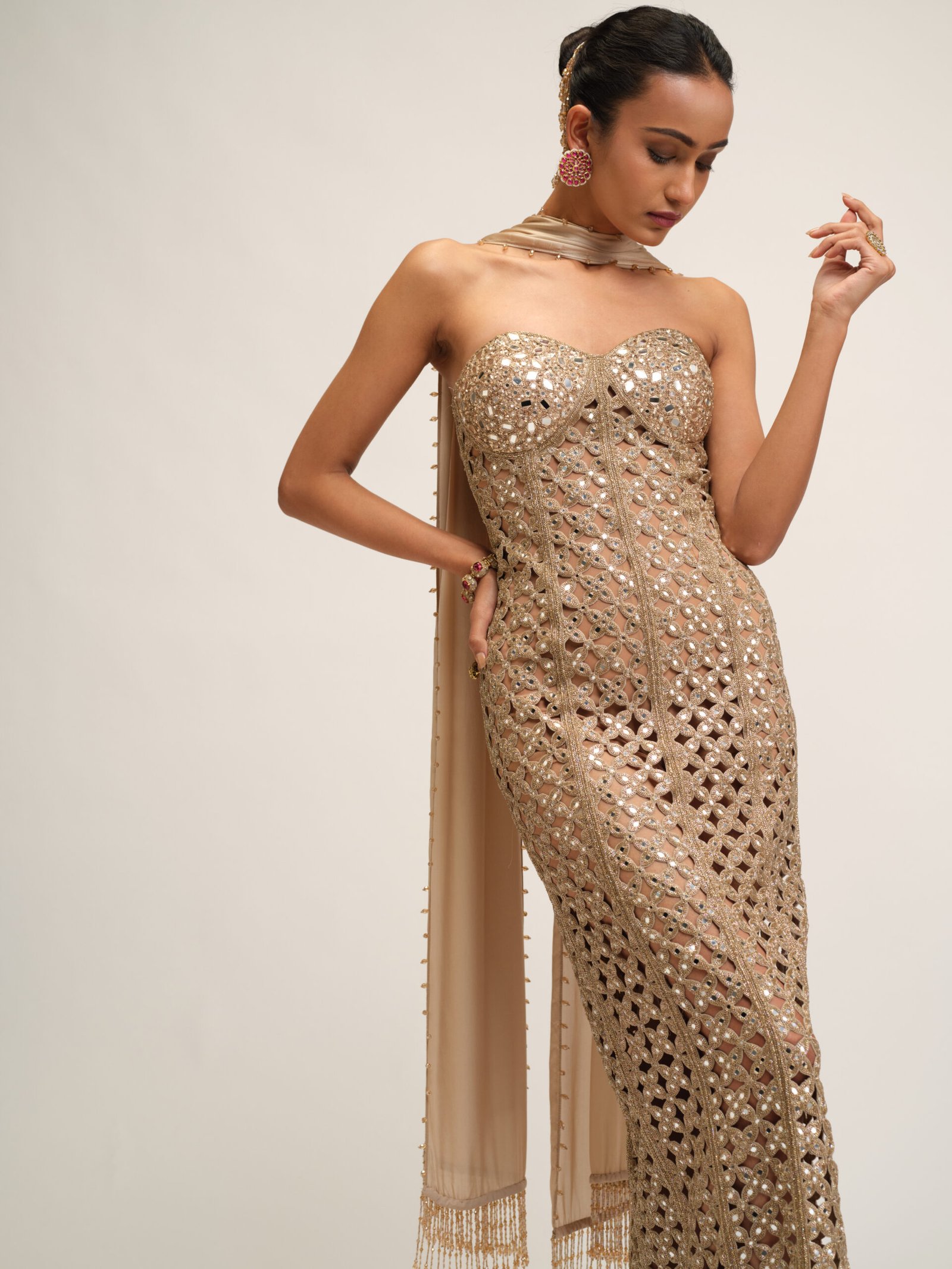 LIGHT BEIGE CUTWORK DRESS SET - Image 3
