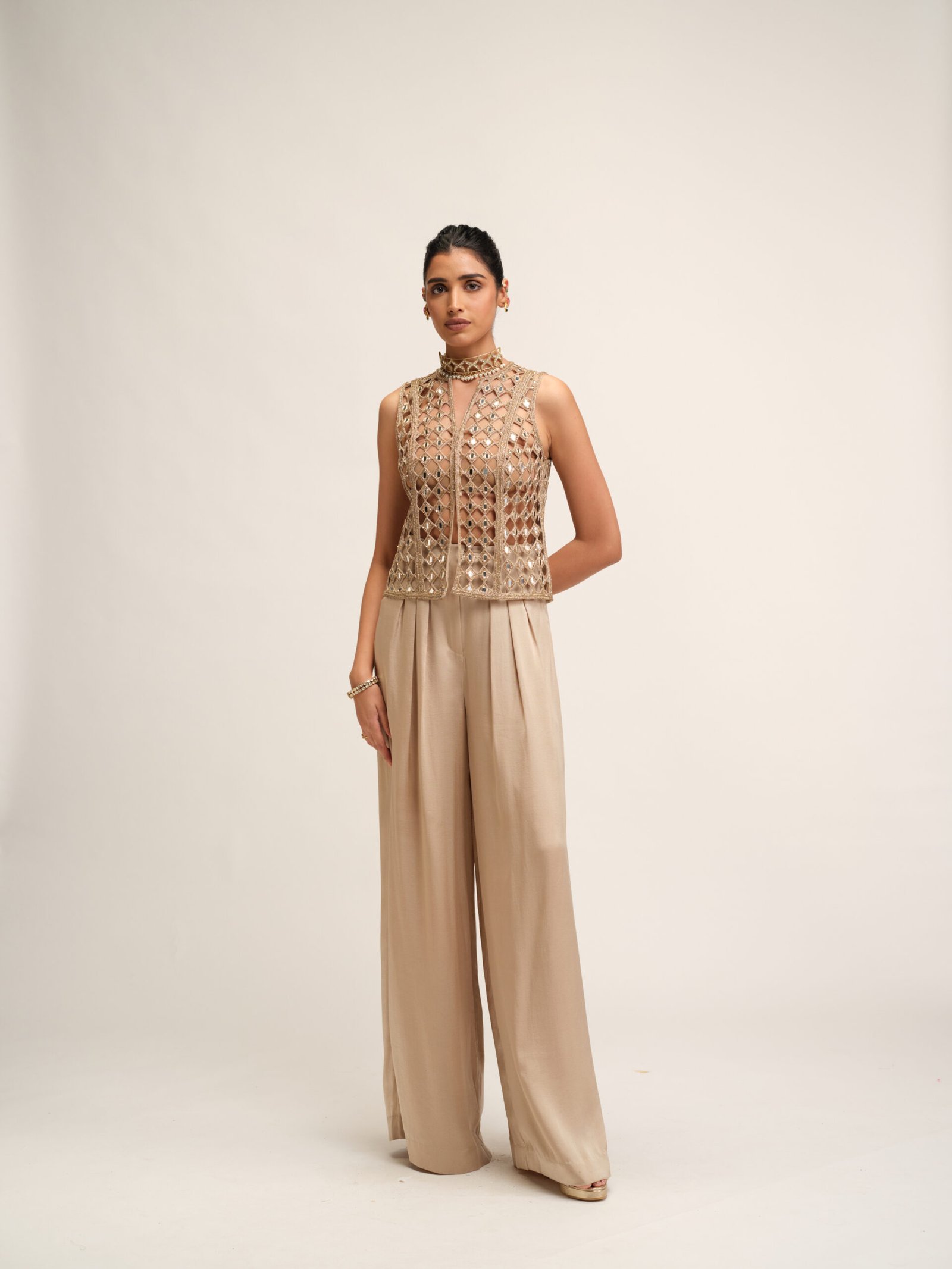 LIGHT BEIGE CUTWORK JACKET SET - Image 4