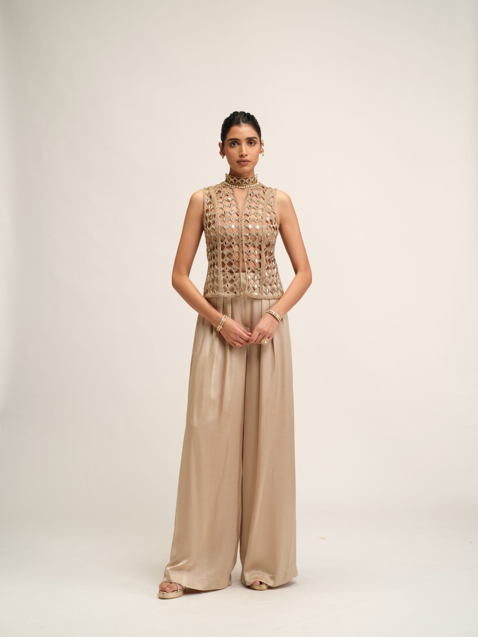 LIGHT BEIGE CUTWORK JACKET SET