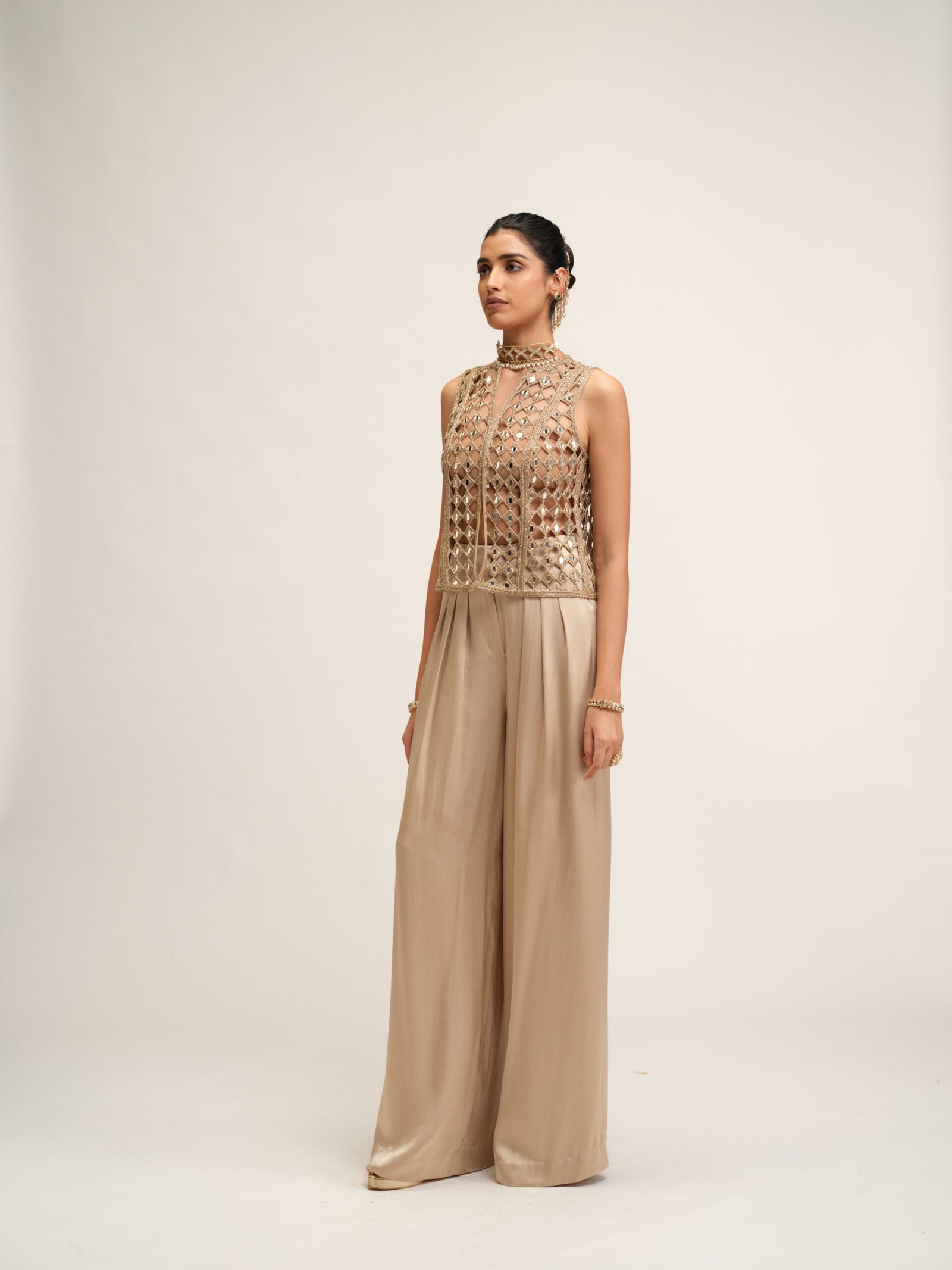LIGHT BEIGE CUTWORK JACKET SET - Image 3