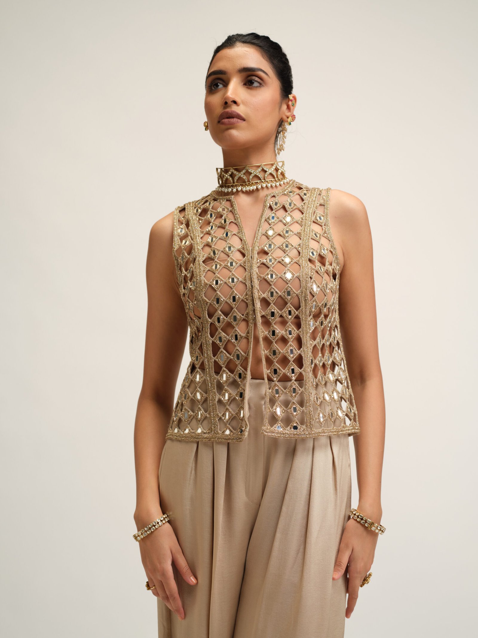 LIGHT BEIGE CUTWORK JACKET SET - Image 2