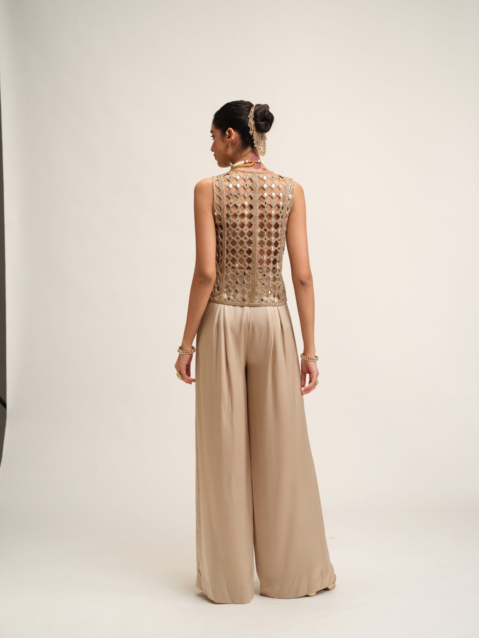 LIGHT BEIGE CUTWORK JACKET SET - Image 5