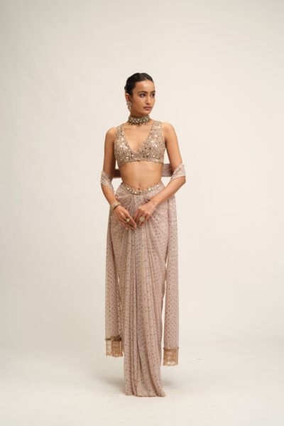 ASH PINK DRAPED SKIRT WITH V NECK BLOUSE SET