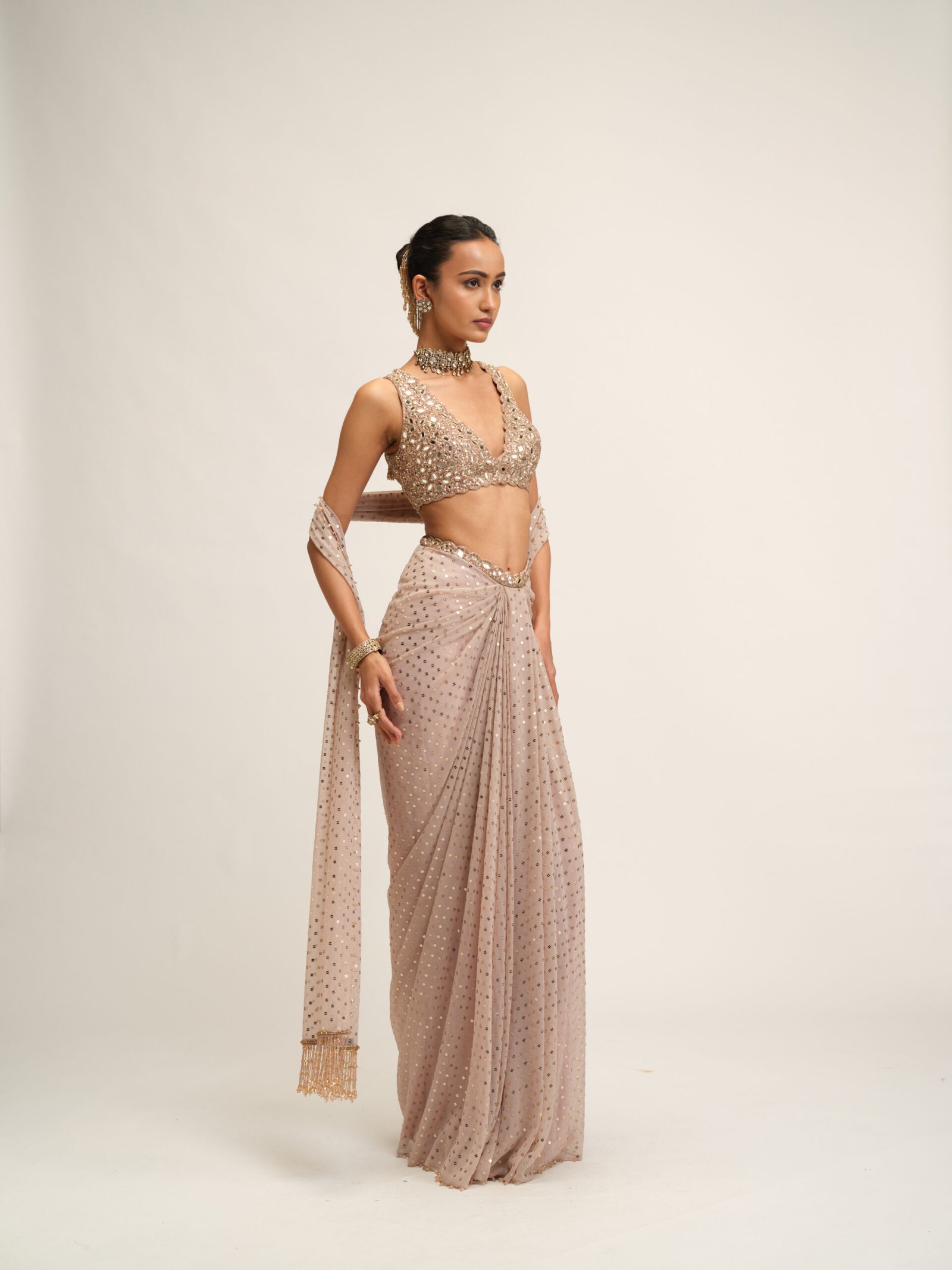 ASH PINK DRAPED SKIRT WITH V NECK BLOUSE SET - Image 3