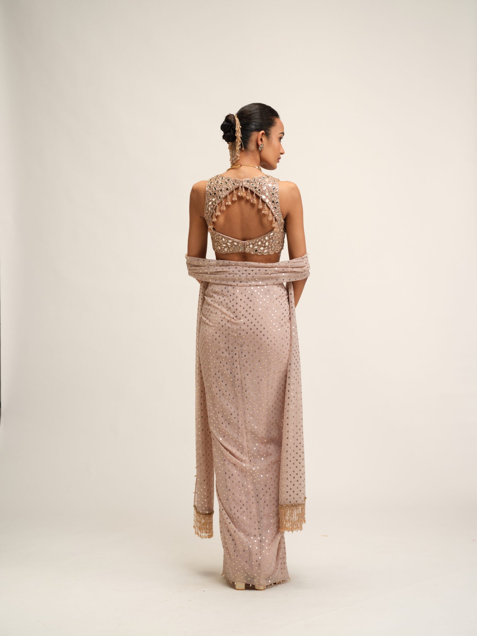 ASH PINK DRAPED SKIRT WITH V NECK BLOUSE SET - Image 4