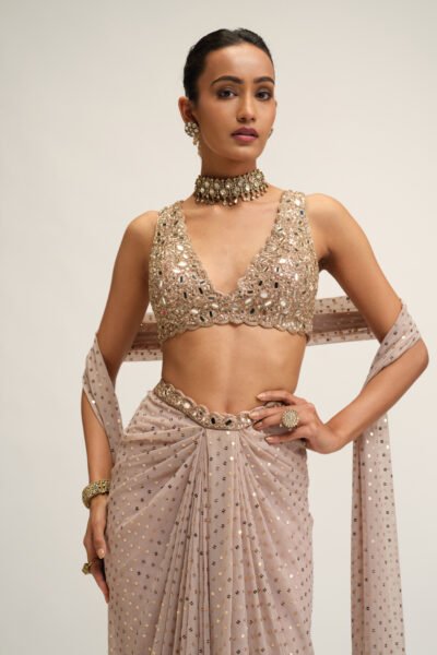 ASH PINK DRAPED SKIRT WITH V NECK BLOUSE SET