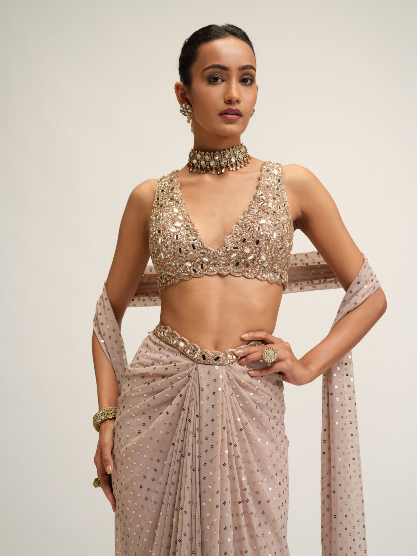 ASH PINK DRAPED SKIRT WITH V NECK BLOUSE SET - Image 2