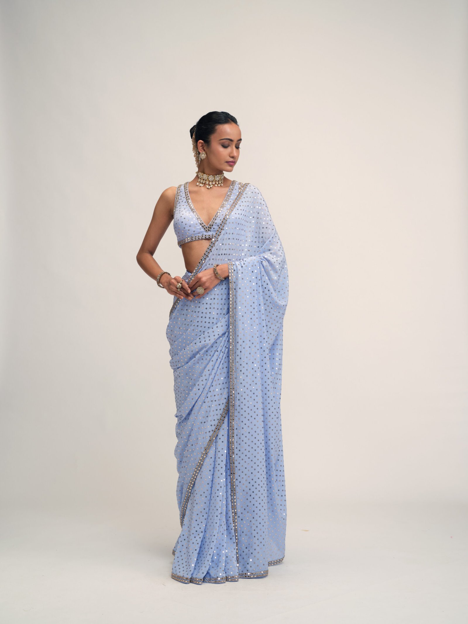 Dew Blue Sequins Embroidered Saree Set - Image 4