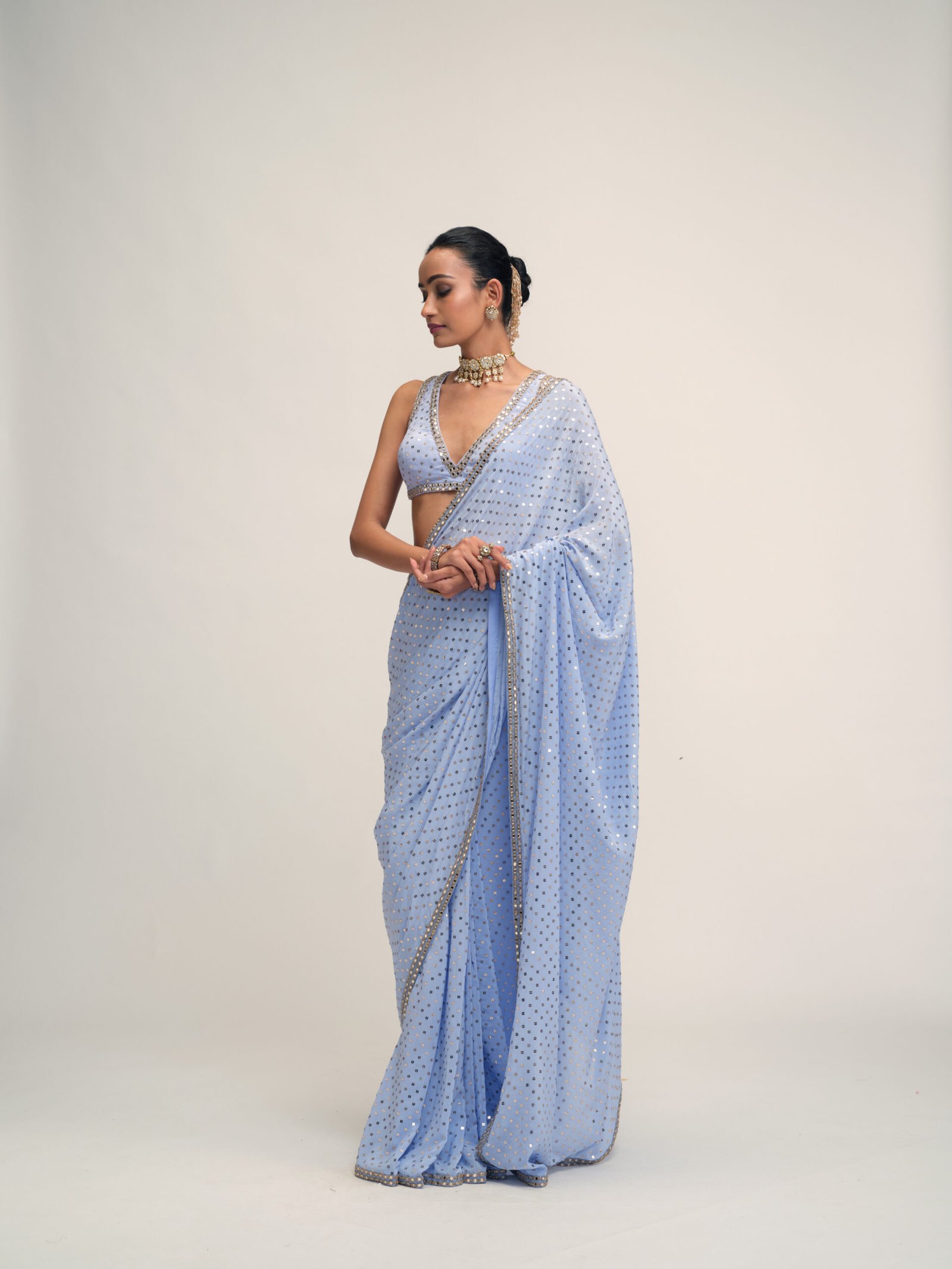 Dew Blue Sequins Embroidered Saree Set - Image 3