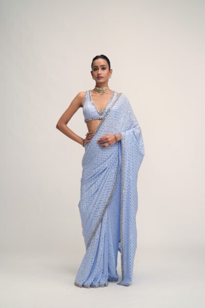 Dew Blue Sequins Embroidered Saree Set