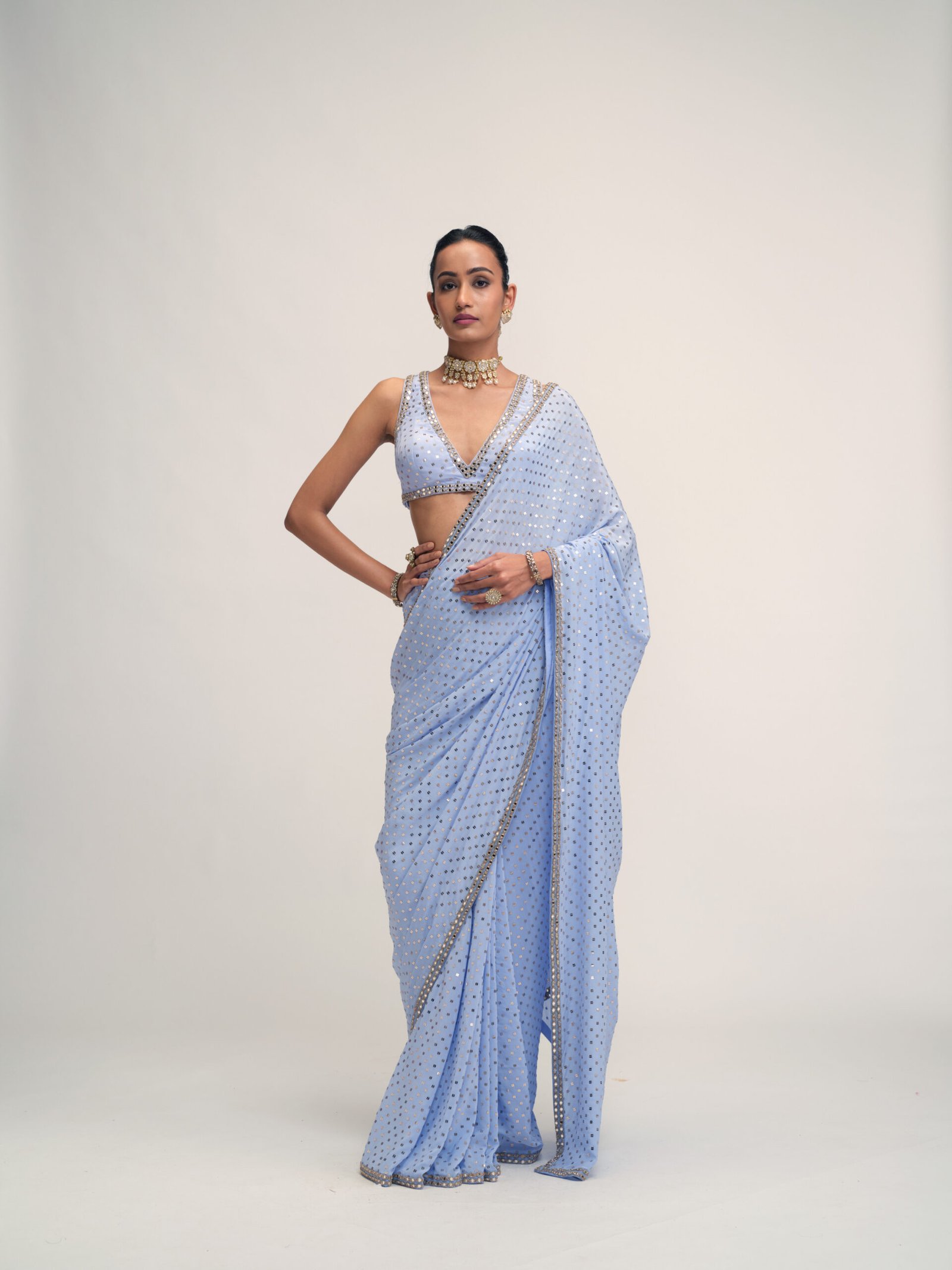 Dew Blue Sequins Embroidered Saree Set