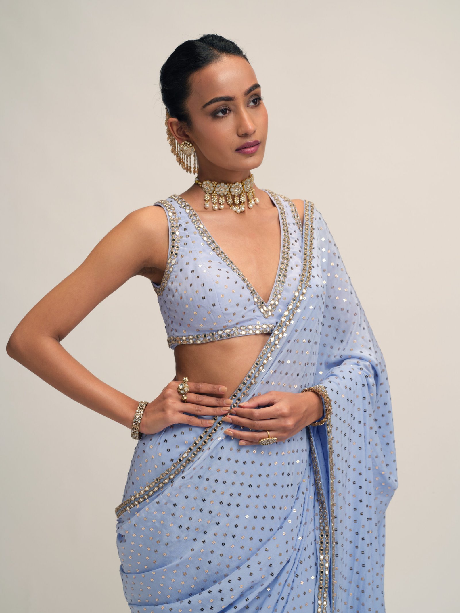 Dew Blue Sequins Embroidered Saree Set - Image 2