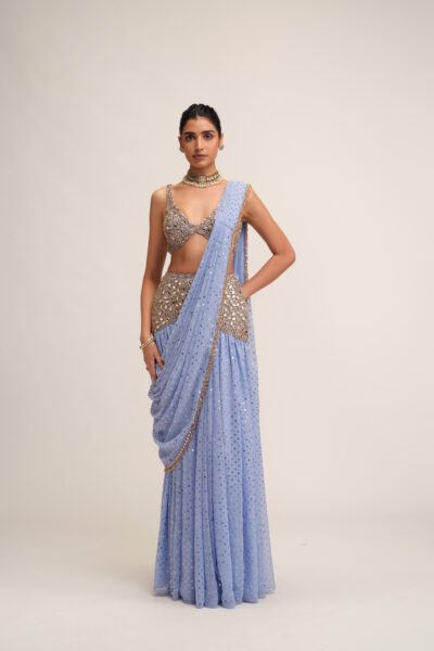 Dew Blue Draped Saree Set