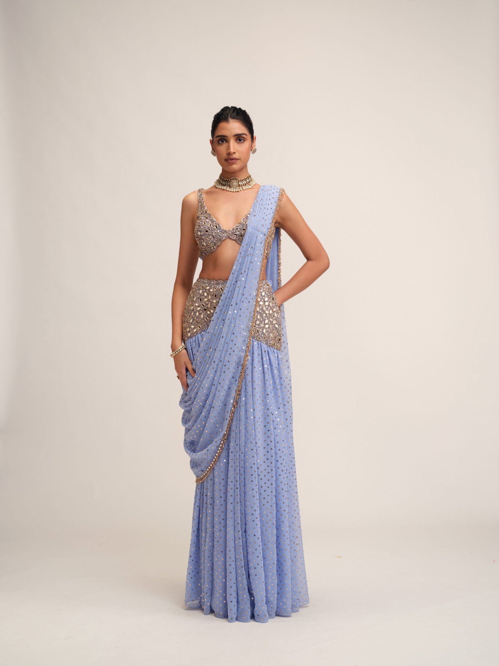 Dew Blue Draped Saree Set